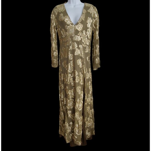 EN CRÈME V-neck Kimono Sleeve Maxi Gold Metallic Dress Boho L - Picture 1 of 12